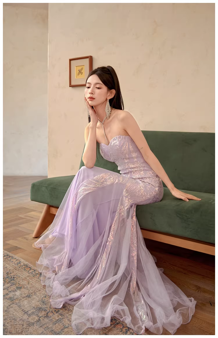 Gorgeous Sweetheart Neck Lavender Tulle Sequin Mermaid Long wedding Guest Dress Formal Evening Dress Prom Gown D2435