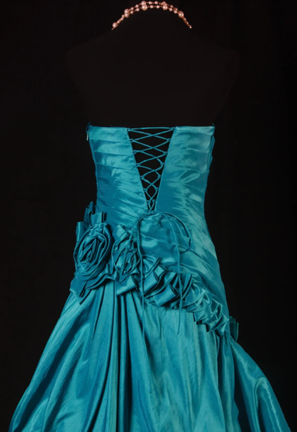 Vintage Strapless Blue Green Satin Pleated Floral Mermaid Long Party Dress Evening Gown D2230