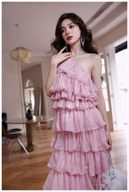 Pretty Pink Halter Chiffon Ruffle Layered Slit Long Birthday Prom Dress Evening Gown D2456