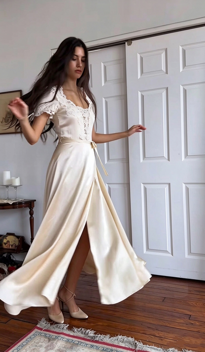 Pretty Lace Satin Slit A Line Long Party Dress Light Champagne Long Birthday Prom Gowns D5116