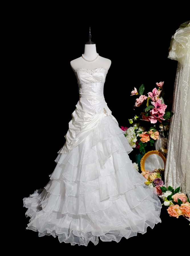 Pretty Strapless White Satin Tulle Beaded Ruffle Layered Mermaid Evening Dress Long Birthday Prom Dress D2375