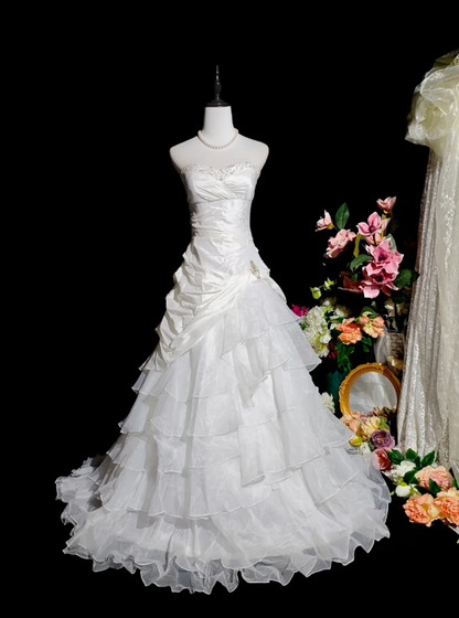 Pretty Strapless White Satin Tulle Beaded Ruffle Layered Mermaid Evening Dress Long Birthday Prom Dress D2375