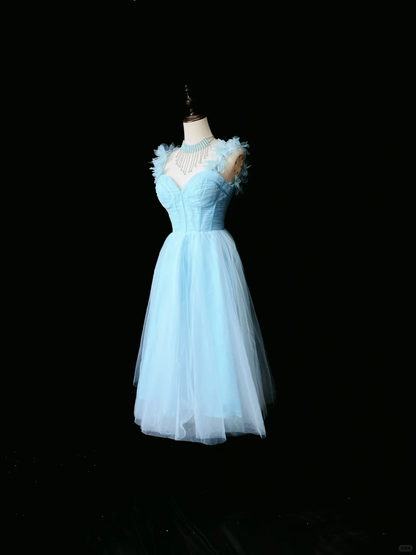 Elegant Spaghetti Straps Blue Tulle A Line Short Graduation Homecoming Dress Birthday Outfits D3251