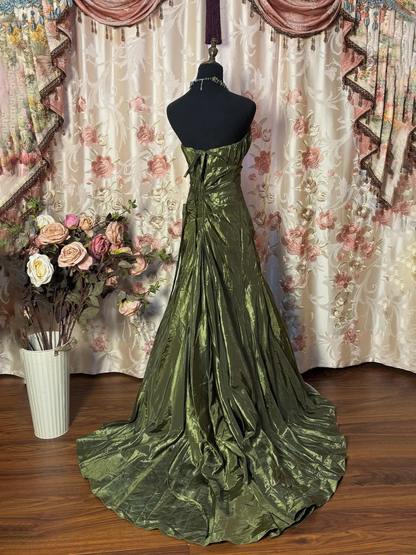 Elegant Olive Green Strapless Satin Pletaed Mermaid Long Wedding Guest Dress Formal Birthday Party Dress D2012