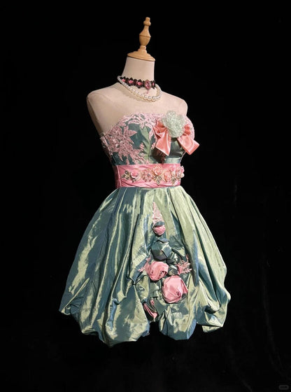 Pretty Green Strapless Satin Appliques A Line Short Homecoming Dress Cocktail Dress With 3D Flowers D3387