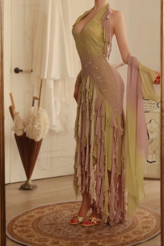 Unique Halter V Neck Chiffon Ruffles Beaded Mermaid Long Party Dress Birthday Dress D2775