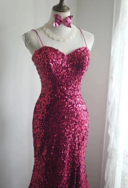 Sparkly Spaghetti Straps Hot Pink Sequin Mermaid Slit Evening Dress Long Wedding Guest Dress D2198