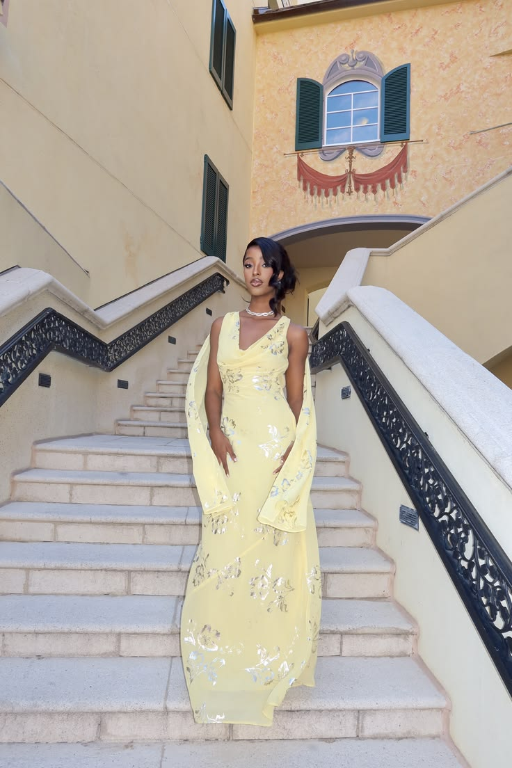 Pretty Yellow Chiffon Long Evening Dress Backless Birthday Party Dress D4962