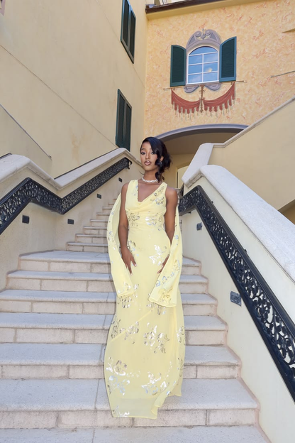 Pretty Yellow Chiffon Long Evening Dress Backless Birthday Party Dress D4962