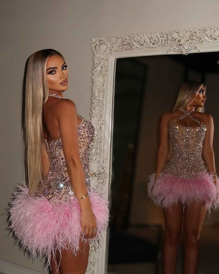 Luxurious Halter Pink Tulle Beaded Feathers Short Homecoming Dress Birthday Outfits D4643
