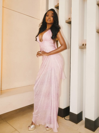 Pretty Pink Tulle Pleated Long Evening Dress Birthday Party Dress D4963