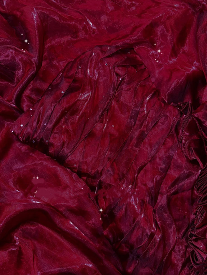 Elegant Burgundy Strapless Satin Pleated Ruffle Mermaid Evening Dress Long Prom Gown D1394