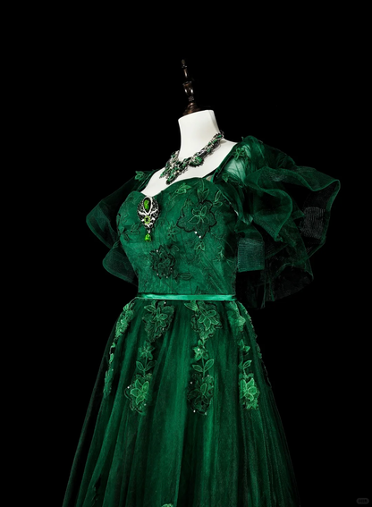 Classy Emerald Green Tulle Appliques Long Evening Dress Prom Dress D5391