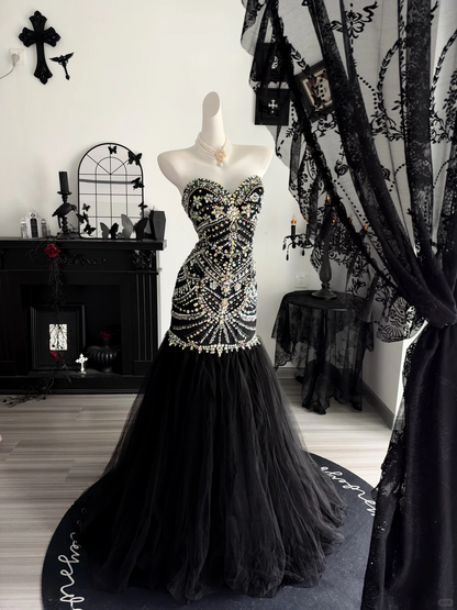 Gorgeous Black Tulle Beaded Mermaid Long Evening Dress Strapless Long Birthday Prom Dresses D4712