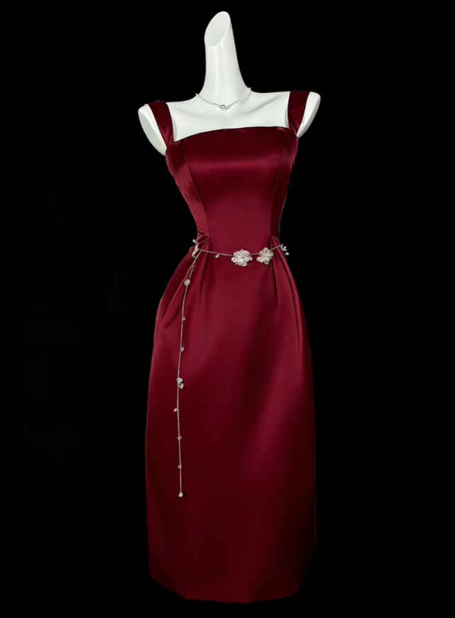 Classy Spaghetti Straps Satin Sheath Long Wedding Guest Dress,Burgundy Long Birthday Party Dress D4208
