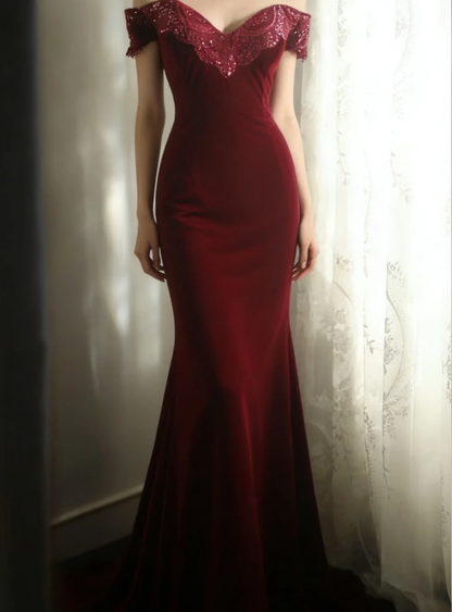 Classy Off The Shoulder Red Velvet Mermaid Long Evening Dress Formal Birthday Prom Dress D2207