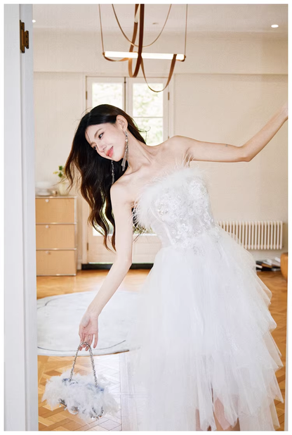 Classy White Feathers Strapless Embroidered Tulle Sequin Appliques Long Birthday Prom Dress Evening Gown D2403