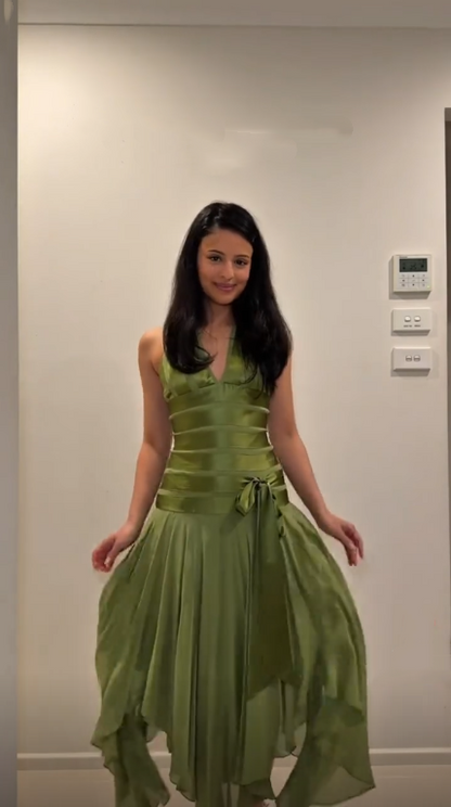 Classy Halter V Neck Green Satin Chiffon Mermaid Long Party Dress Evening Dress D4392