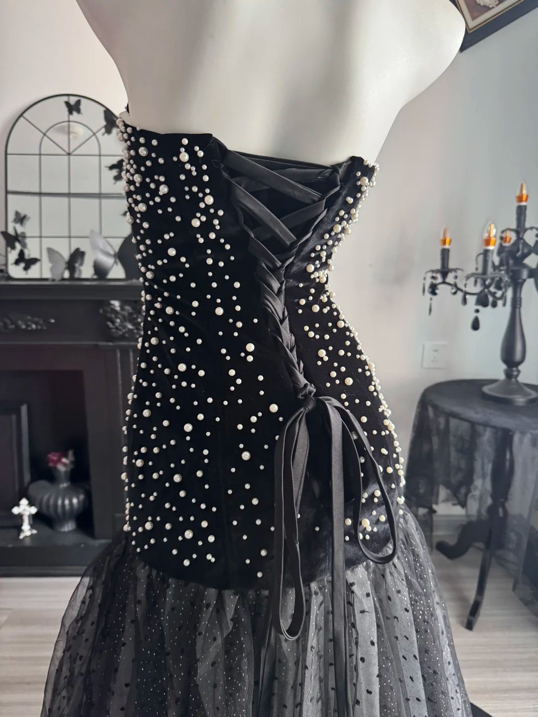 Fashion Black Strapless Tulle Pearls Mermaid Evening Dress Long Wedding Guest Dress D3700