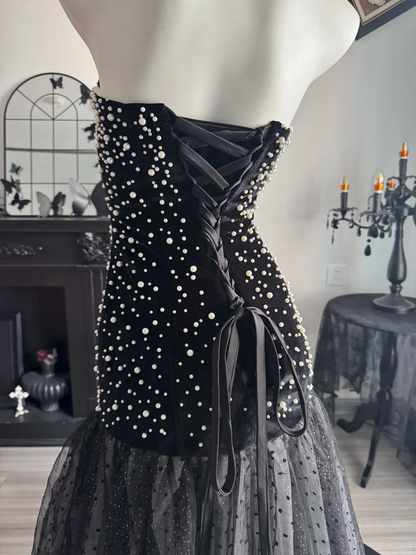 Fashion Black Strapless Tulle Pearls Mermaid Evening Dress Long Wedding Guest Dress D3700