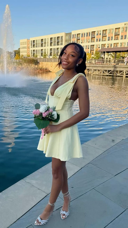 Elegant Bow Straps V Neck Satin Short Birthday Outfits,Yellow Short 8th Grade Homecoming Dress D4216