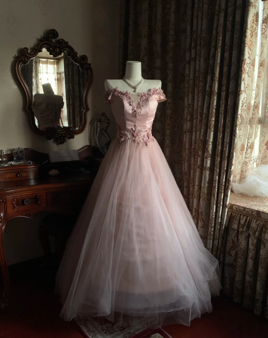 Sweet Pink Off The Shoulder Satin Tulle Appliques Long Birthday Party Dress Prom Gown D1748