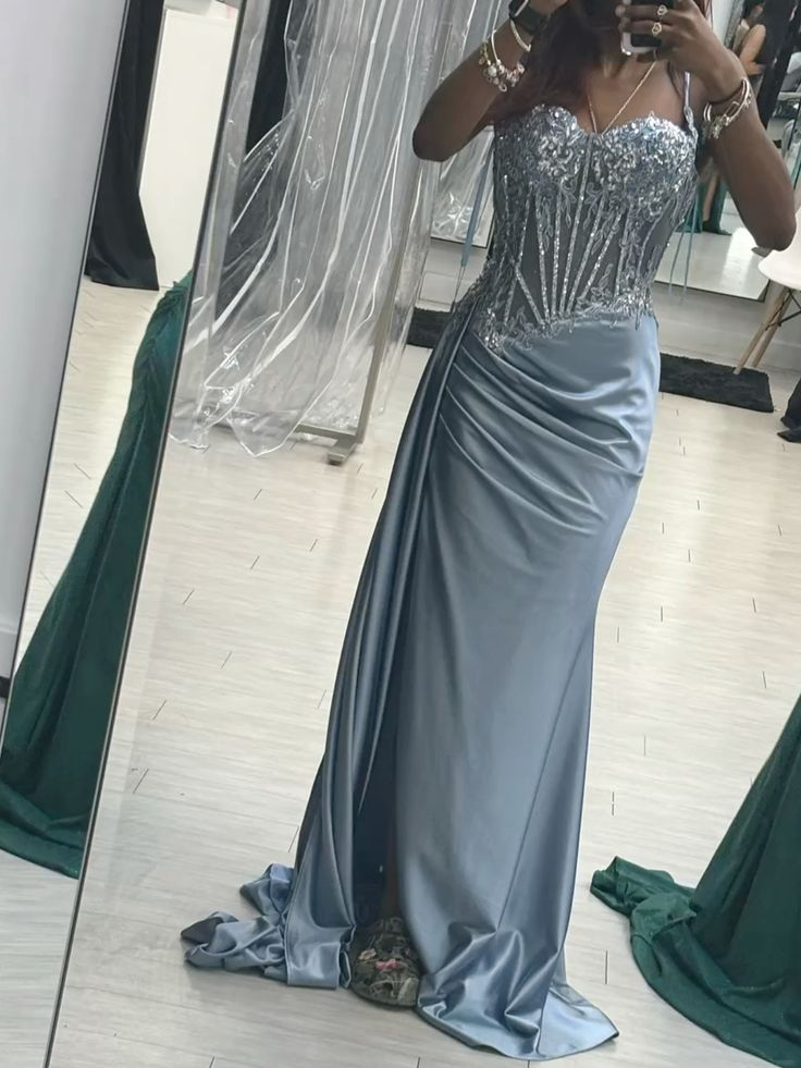 Charming Satin Beaded Appliques Mermaid Party Dress Sage Green Slit Long Prom Gown D5002
