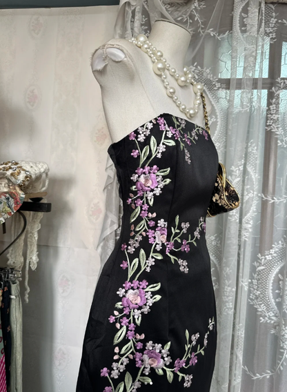 Vintage Black Strapless Satin Sheath Long Evening Dress Formal Birthday Party Gown D1620