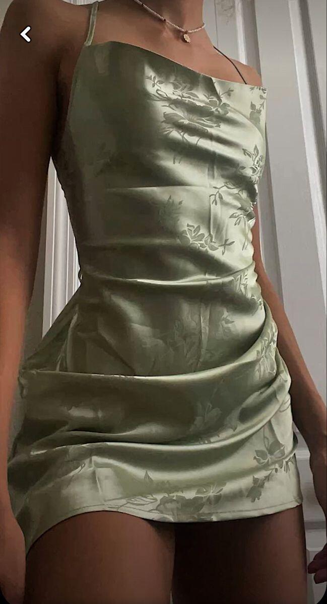 Unique Green Satin Print Floral Short 7th Grade Homecoming Dress,Spaghetti Straps A Line Mini Party Dress D4120