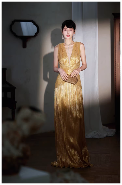 Gorgeous V Neck Gold Satin Pleated Long Evening Dress 19th Birthday Outfits D2438