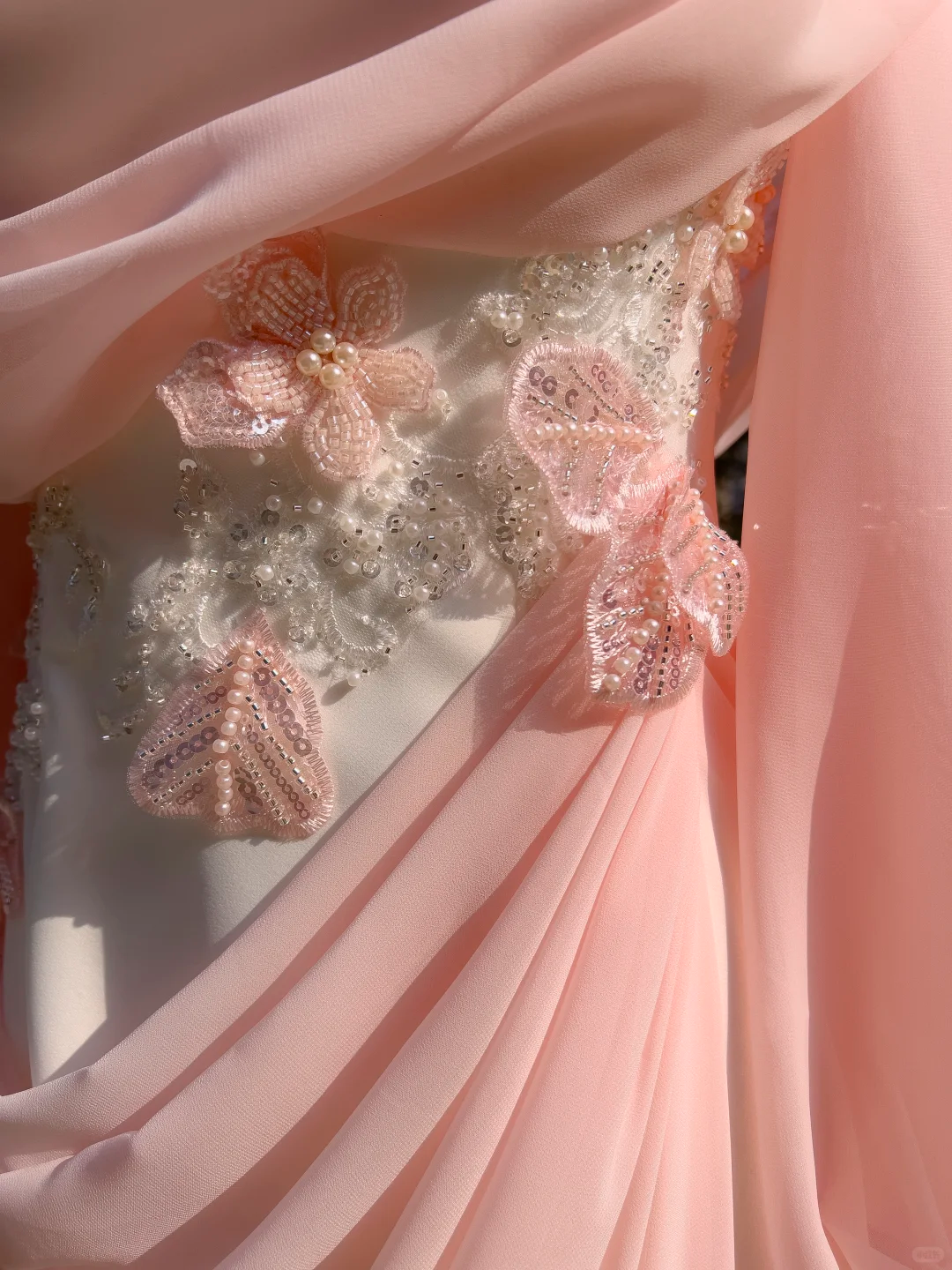 Elegant Pink Chiffon Pleated Beaded Long Evening Dress Birthday Dress D2982