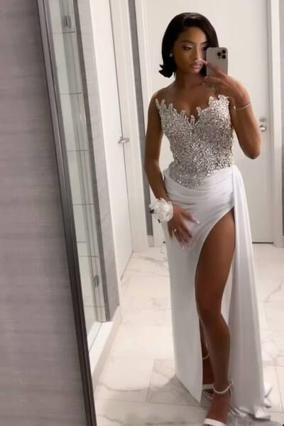 Luxurious White Strapless Satin Beaded High Slit Mermaid Party Dress Long Wedding Guest Dress Evening Gown D1858
