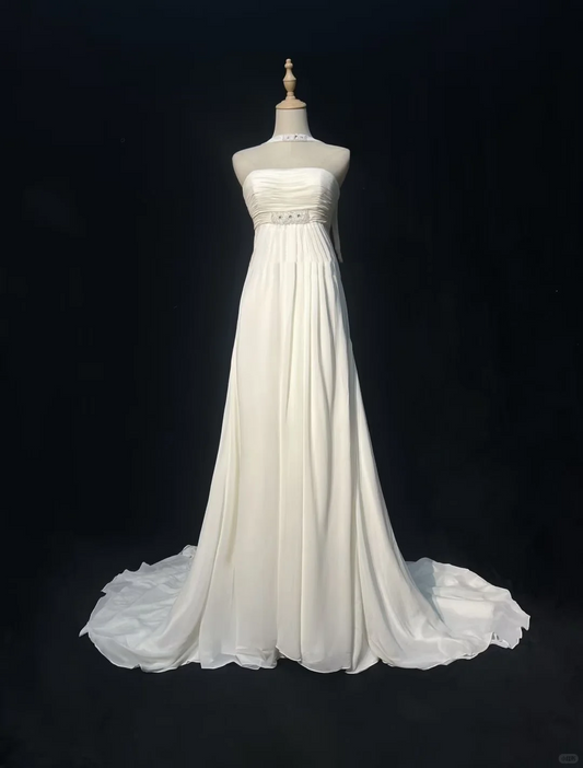Classy White Strapless Chiffon Beaded Mermaid Long Party Dress Birthday Evening Gown D3121