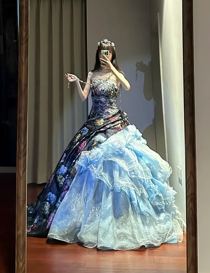Unique Strapless Satin Print Floral Tulle Sequin Sweet 16 Dress Formal Quinceanera Dress D1699