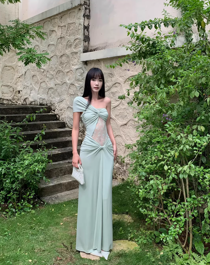 Elegant Pea Green Shoulder Satin Lace Mermaid Long Wedding Guest Dress Formal Evening Dress Prom Dress D2080
