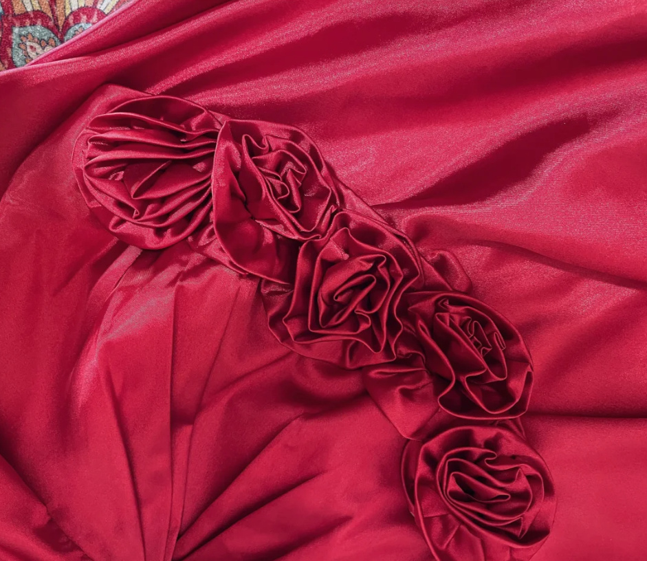 Fashion Red Strapless Satin A Line Long Wedding Guest dress Formal Evening Gown With 3D Flowers D2142