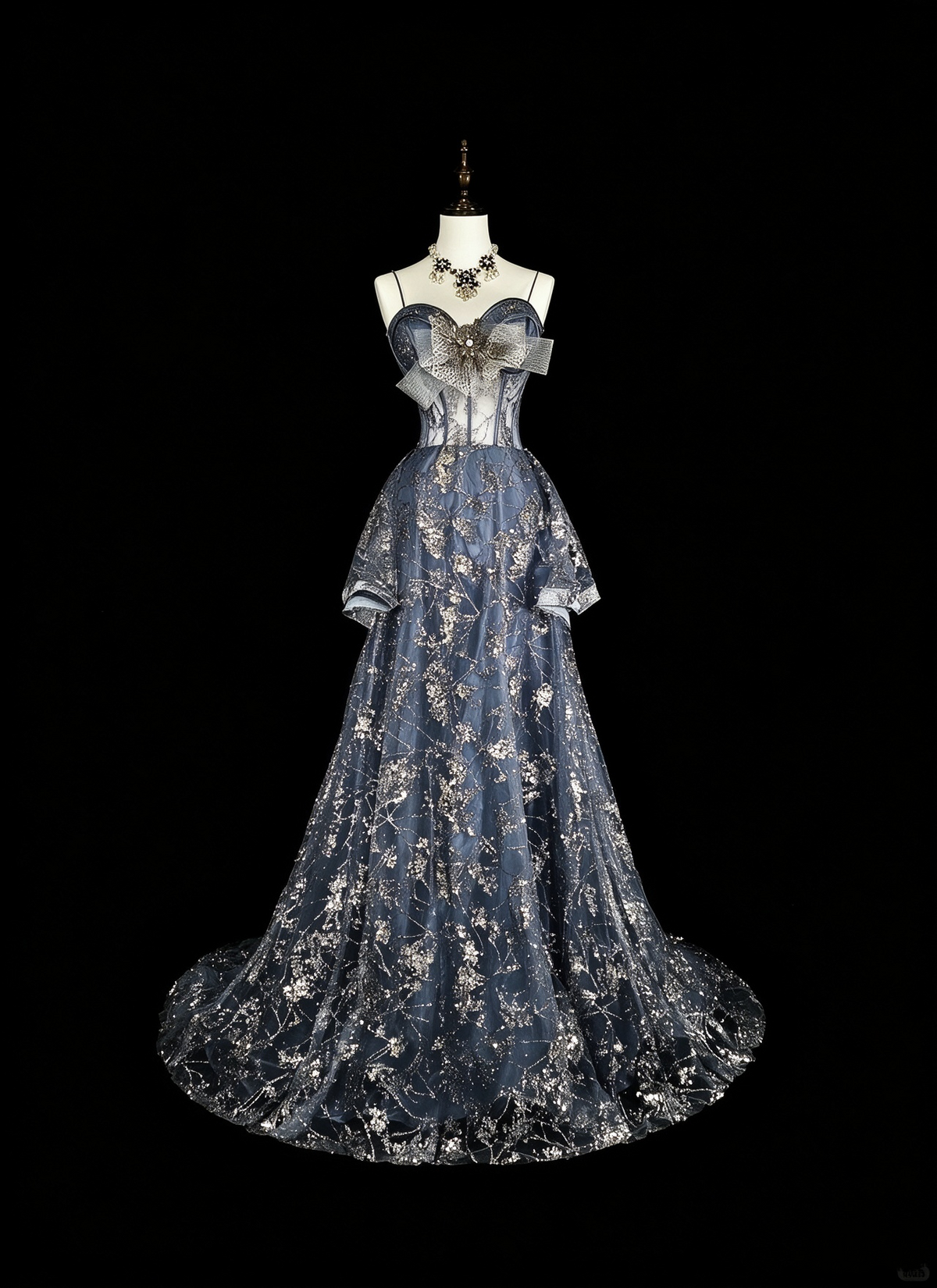 Charming Spaghetti Straps Tulle Sequin Long Prom Dress Blue Evening Dress D5383