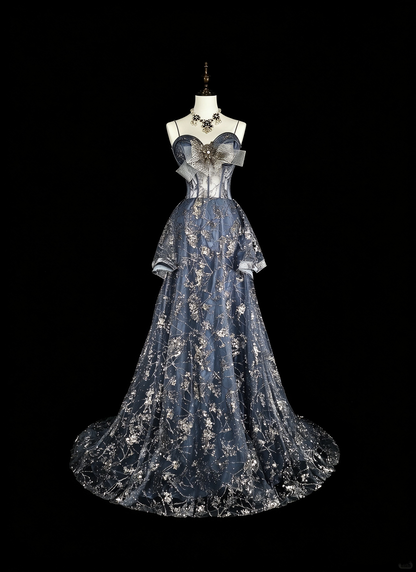 Charming Spaghetti Straps Tulle Sequin Long Prom Dress Blue Evening Dress D5383