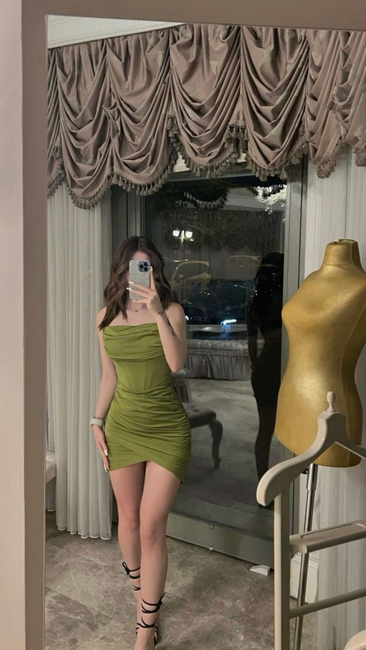 Vintage Olive Green Strapless Satin Pleated Sheath Cocktail Dress Short Formal 18th Birthday Outfits D087