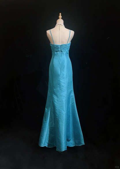 Gorgeous Spaghetti Straps Blue Satin Mermaid Long Party Dress Evening Dress D5078