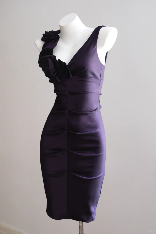 Elegant Sleeveless Satin Sheath Over-the-knee Party Dress Purple Birthday Dress D2722