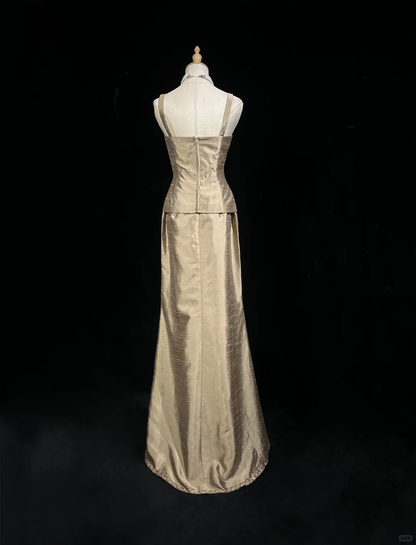Vintage Spaghetti Straps Satin Beaded Mermaid Long Party Dress Birthday Prom Dress D2839