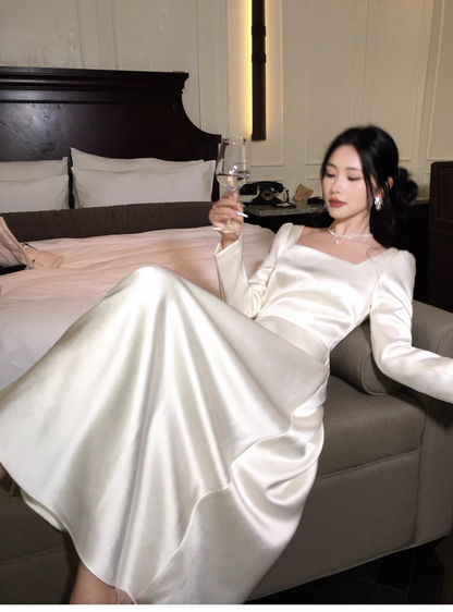 Elegant Square White Satin A Line Long Party Dress Evening Dress D2179