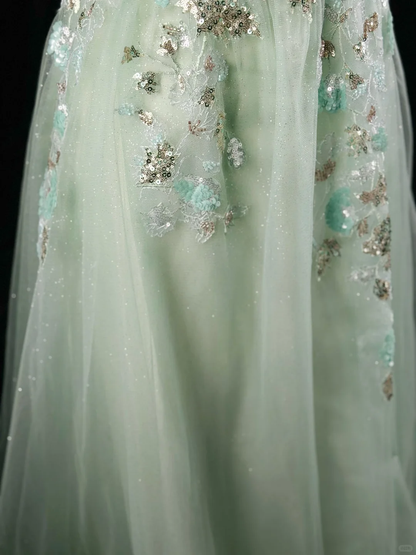 Charming Strapless Mint Green Tulle Sequin A Line Long Evening Dress Party Gown D2514