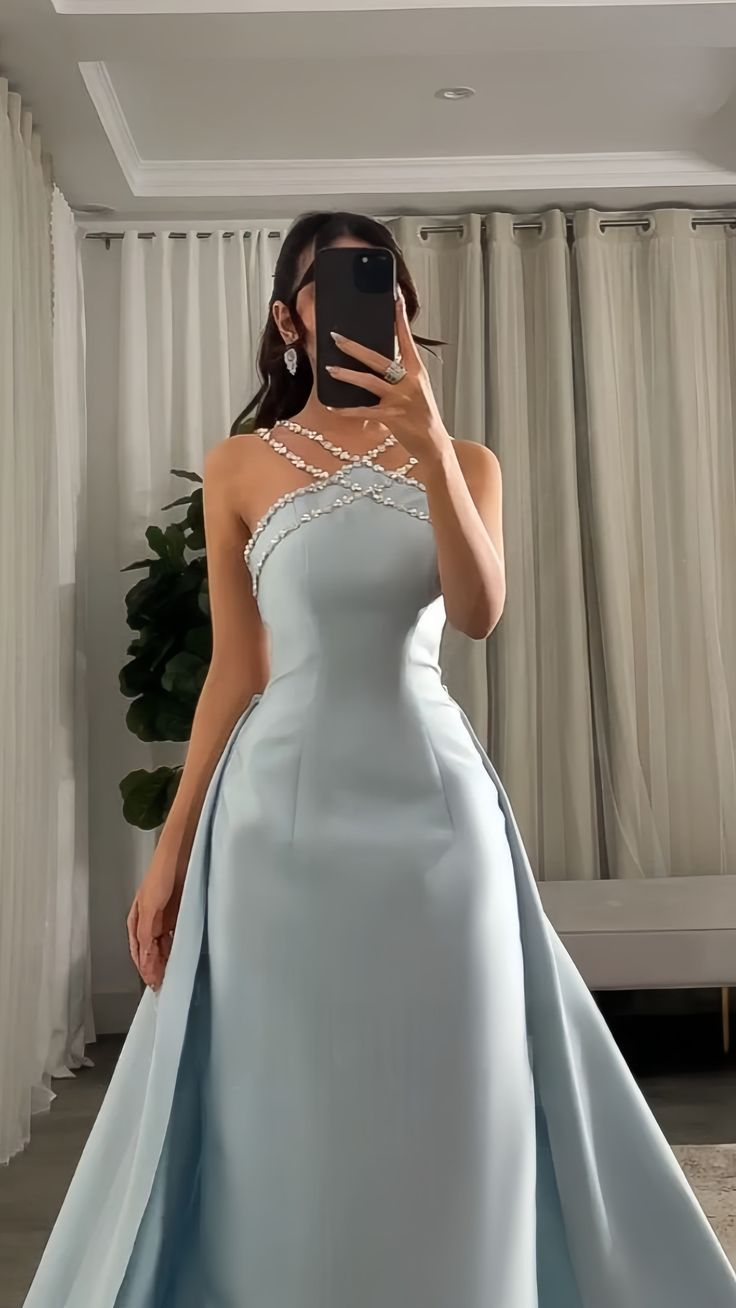 Gorgeous Blue Sleeveless Satin Beaded Mermaid Long Prom Dress Evening Gown D1080