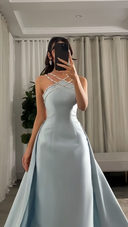 Gorgeous Blue Sleeveless Satin Beaded Mermaid Long Prom Dress Evening Gown D1080