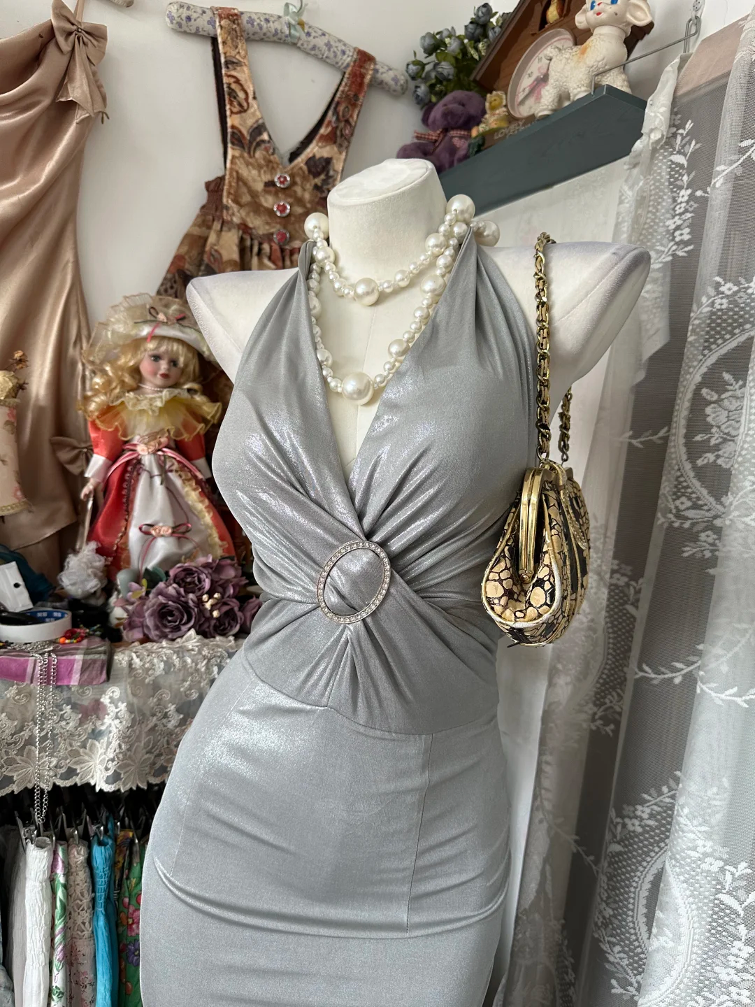 Sexy Silver Gray Halter V Neck Mermaid Long Evening Dress Party Gown D2883