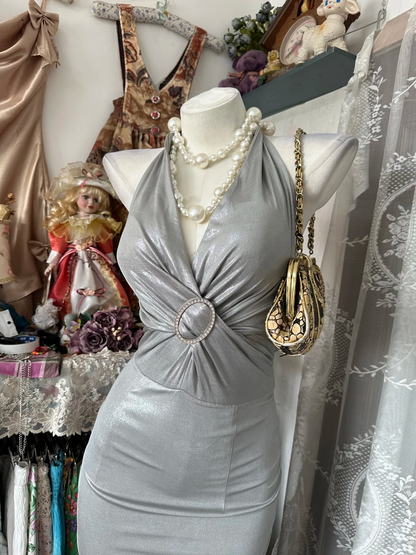 Sexy Silver Gray Halter V Neck Mermaid Long Evening Dress Party Gown D2883