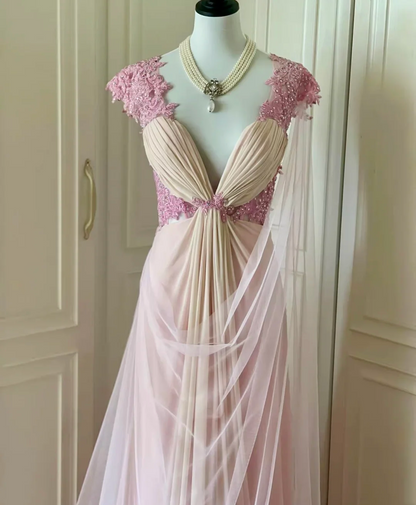 Charming V Neck Chiffon Lace Appliques Beaded Mermaid Long Evening Dress,Pink Party Gown D3094