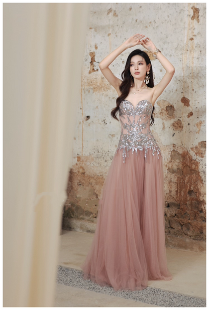 Pretty Pink Sweetheart Neck Tulle Sequin A Line Slit Long Evening Dress Party Gown D2408